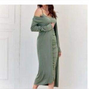 NWT Shein open front coat and bodycon ruched dress green size small